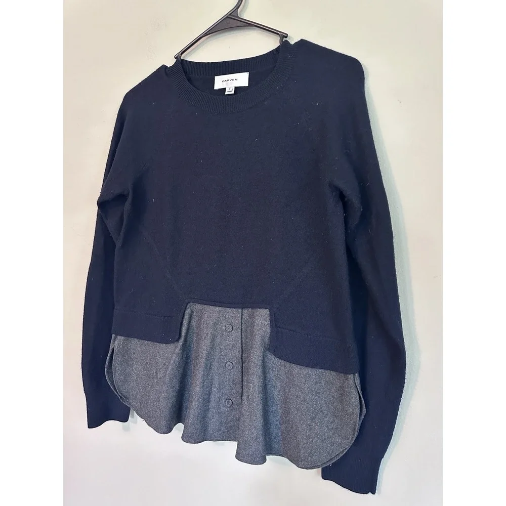 Carven 100% Wool SMALL Layered Sweater Crew Neck Navy Blue Dress Shirt Structure